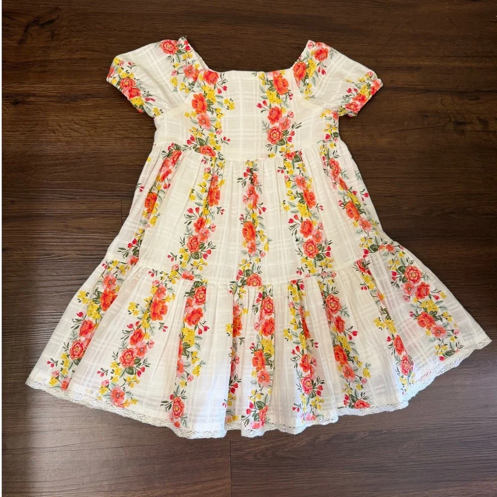 Haute Hippie Style Dress Girls 4T White Floral Tiered Cotton Cottagecore